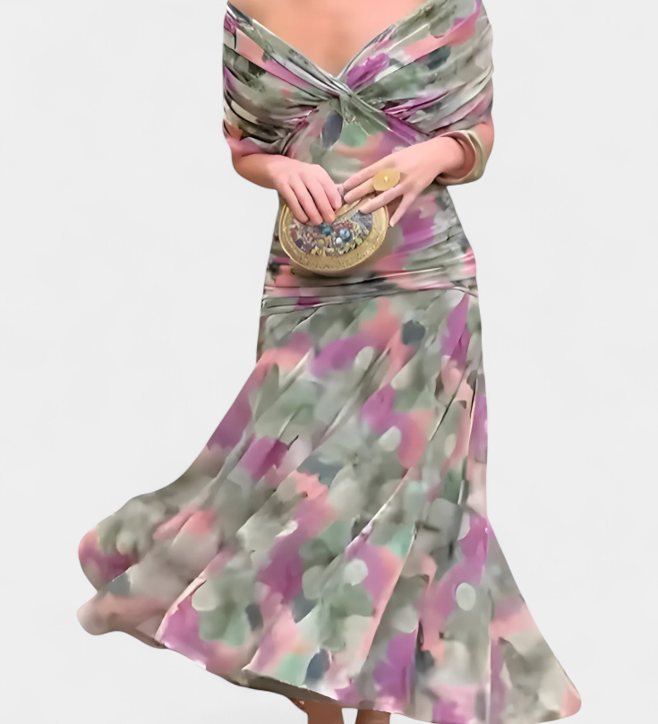 ‍Julianna – Hosszú Virágmintás V‑nyakú Ruha (Ingyenes)